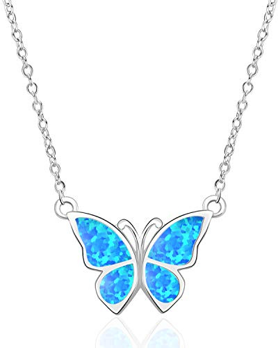 WINNICACA Schmetterling Halskette Sterling Silber Oktober Geburtsstein Blue Fire Opal Halskette Schmuck Geschenke für Frauen