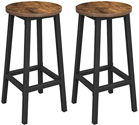VASAGLE Bar Stool Set of 2 Round Chair High Kitchen Seat Steel Frame Height 65 cm Easy Assembly Industrial Style Rustic Brown and Black LBC32X