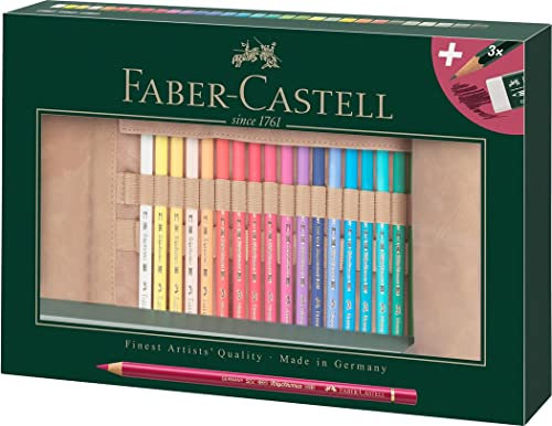 FABER-CASTELL 110030 - Farbstift Polychromos, 30-teiliges Buntstifte Set mit Stifterolle und Zubehör, wasserfest, bruchsicher