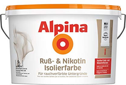 Alpina 5 L. &10 L. weiße Wandfarben für Innen, verschiedene Eigenschaften (5 Liter, Ruß- & Nikotin Isolierfarbe - für rauchverfärbte Untergründe)