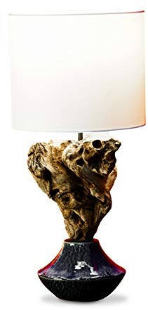 Kinaree Treibholz Stehlampe FAI CHAI - Tischlampe aus Keramik und Holz - 50cm Schirmlampe - Tischleuchte mit Wurzel