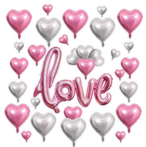 30 Stück Rosa und Silber Herzballons Herz Helium Mylar Folienballons Luftballons Herzform Heliumballons Herzluftballons für Geburtstag Valentinstag Hochzeit Verlobung Partydekoration, 5 10 18inches