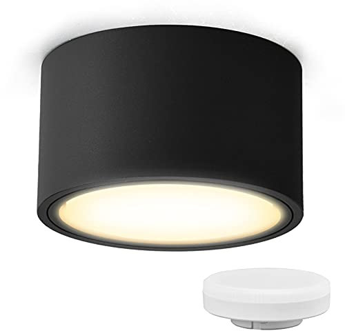 KYOTECH Spot en Saillie led IP44 Ø95x55mm Plafonnier Luminaire Apparent, incluse 6W Remplaçable GX53 Ampoule 3000K Blanc Chaud 550LM Plafonnier Spot LED Downlight Noir pour Salle de bain Cuisine