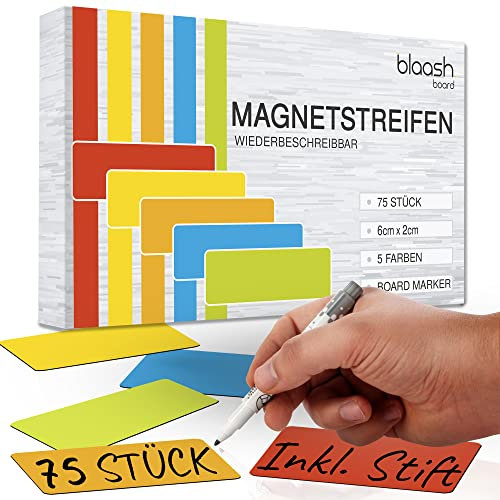75 Magnetstreifen 60 x 20mm beschreibbar | Magnete für Whiteboards, Kühlschränke, Magnettafeln & metallische Oberflächen | inkl. Stift & Radierer | Bunte Magnetschilder (75 Magnetstreifen 60 x 20)