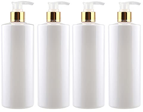 ZEOABSY 4 Stück Leere 500ml Lotionspender Gelspender Weiß Kunststoff Flasche mit Gold/Transparent Lotion-Spender zum befüllen für Shampoo Badezimmer Öl Nachfüllbare