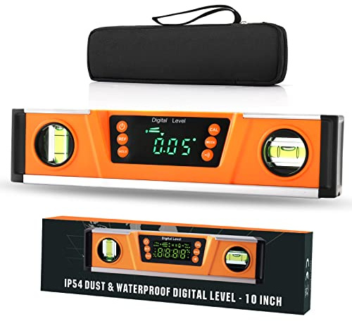 Digitale Torpedo-Wasserwaage und Winkelmesser, 25,4 cm, Neodym-Magnete, helles LED-Display, magnetische V-Groove-Basis, IP54, staub- und wasserabweisend, mit Tragetasche