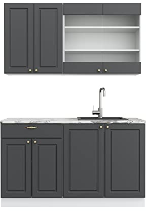 Vicco Singleküche Fame-Line, Anthrazit-Gold/Weiß, 140 cm | 4 Module · Höhenverstellbare Füße · Ohne Arbeitsplatte · MDF-Fronten · Softclose · Metallgriffe