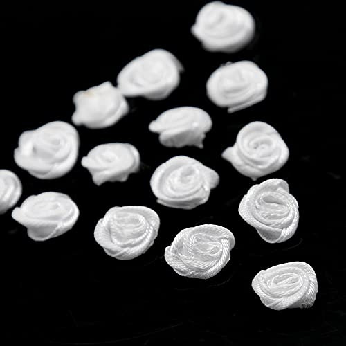 Duories 100 Stück Rosen 2cm kleine Kunstblumen Rosenköpfe Satinrosen Aufnäher Blumen Applikationen zum Basteln Patches Deko-Rosen Mini-Stoffrosen DIY Accessories Party Hause Hochzeit Dekoration,Weiß