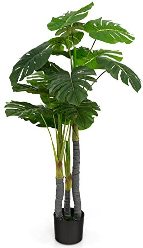 GOPLUS Árbol Artificial Monstera, 120 cm, Planta Artificial Monstera Deliciosa con 20 Hojas Grandes, 3 Troncos y Musgo Realista, Planta Artificial de Hoja perenne con macetero