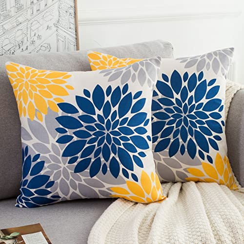 HomeStilez 2er Set Kissenbezug 45x45 Moderne Sofakissen Geometrie Dahlie Blume Dekorative Kissenhülle Gelb und Blau Outdoor Gartenkissen Kissen für Sofa Schlafzimmer Wohnzimmer Bauernhaus Deko