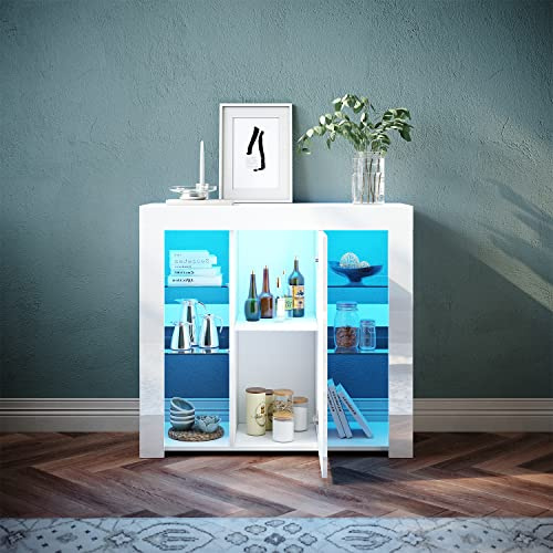 SONNI Kommode, Sideboard mit Tür, 6 Glasablagen, LED, 90x35x83cm, Weiß | Küchenschrank, Aufbewahrungsschrank, Standschrank, 16 Farben RGB-Funktion mit 4 Grundfarben und 12 Verläufen für Wohnzimmer