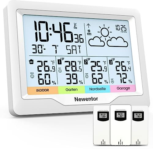 Newentor Wetterstation Funk mit 3 Außensensor Innen und Außen Thermometer Hygrometer DCF-Funkuhr Multifunktionale Funkwetterstation mit Wettervorhersage, Weiß