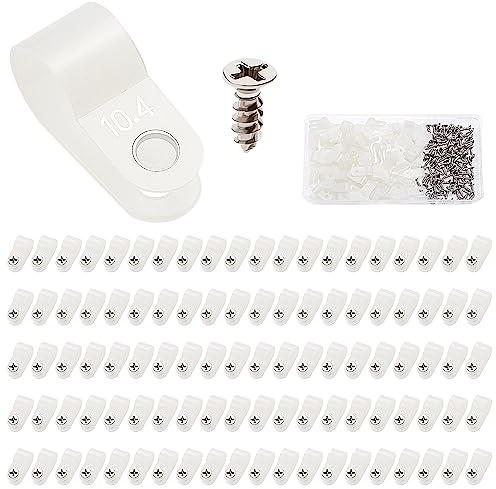 VooGenzek 100 Stück 10.4mm (3/8 Zoll) Nylon R-Type Kabelhalter, R Typ Cable Clip Drahtklemme mit 100 Stück Schrauben, für Drahtmanagement (Weiß)