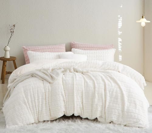 Lanqinglv Plüsch Bettwäsche 220x240 Kunstfell Weiß Flauschig Winterbettwäsche Warme Kuschelig Flanell Fleece Cashmere Touch Biber Bettbezug mit Reißverschluss und 2 Kissenbezug 80x80cm