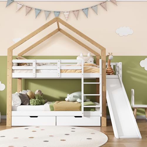 KecDuey Cama infantil,90 x 200 cm,litera con tobogán y escalera angular de tres niveles y 2 cajones,cama con protección contra caídas,cuna,marco de cama de madera maciza,color blanco,30955960NA