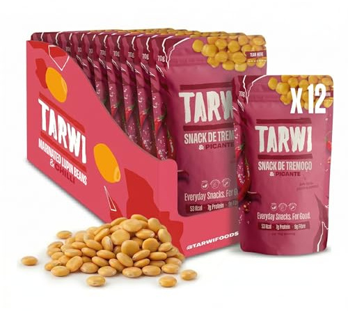 Tarwi Altramuces Marinados con Chilli, 12 Bolsas x 70g, Snack Proteico, Keto, Ingredientes Naturales, Proteina Vegetal, Bajo en Carbohidratos, Alto en Fibra, Snacks Veganos