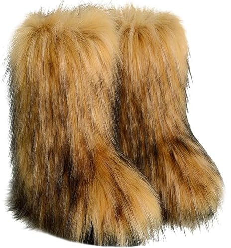 VALPEAKER Fluffy Faux Fur Snow Boots for Women,Furry Warm Winter Boots,Mid-Calf Flat