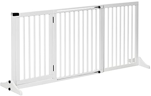 PawHut Cancellino per Cani Taglia Medio-Piccola Regolabile a 3 Pannelli, Cancelletto di Sicurezza con 2 Piedini e Serratura, in Legno di Pino, 113-166x36x71 cm, Bianco