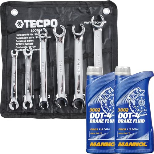 TECPO Bremsleitung Schlüssel 8-19mm Ringschlüssel Satz + Bremsflüssigkeit DOT4, 2 Liter
