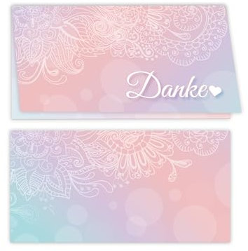 25 Dankeskarten Vielen Dank für Hochzeit, Standesamt, Geburtstag, Konfirmation, Kommunion, Taufe, Geburtstag, Jubiläum. Klappkarten DIN lang (21 x 10,5 cm). Design mit elegantem Ornament und Herz