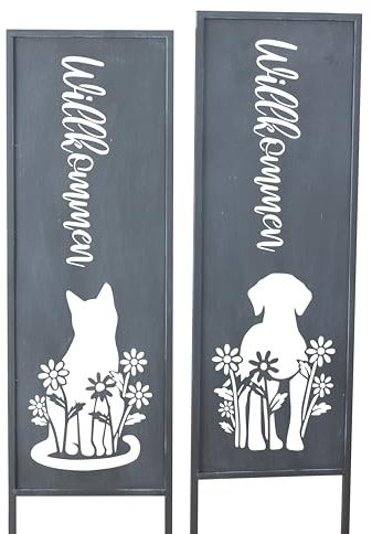 2x Gartenschild Willkommen | Katze & Hund | mit Blumen und verziert aus Metall grau Höhe 83 cm Breite 22cm