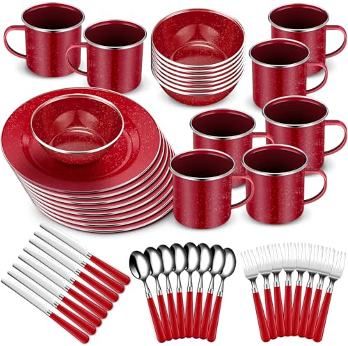 Nuogo 48-teiliges Emaille-Campinggeschirr-Set für 8 Personen, inklusive 340 ml Emaille-Kaffeetassen, 26,7 cm, Campingteller, 15,2 cm Schüsseln und Campingutensilien, Set mit Messer, Gabel, Löffel für