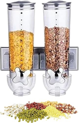 Double Wall Mounted Cereal Dispenser, Food Dispensers, Wall Mounted Dry Food Dispenser for Cereal, Oatmeal, Coffee Beans, Rice, Cornflakes(Silver)
