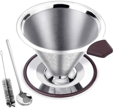 Kaffeefilter Edelstahl, Kaffeefilter, Kaffeefilterhalter,Kaffee Filter Aufsatz,Für die Zubereitung von Handgebrühtem Kaffee, Komplett mit Löffel und Pinsel