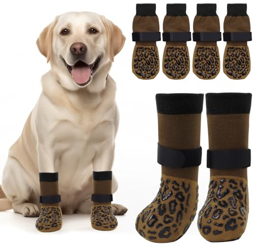 PICK FOR LIFE Hundesocken 2 Paar Anti-Rutsch Socken für Hunde Doppelseitige mit Verstellbaren Riemen für Innenbereich (Braun, XS)