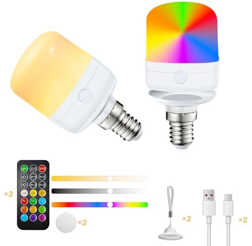 Pulsky Bombilla RGB recargable USB-C con temporizador de control remoto y 12 temperaturas de color,7W regulable a pilas bombillas de luz para lámparas no cableadas, Lámpara de pared,Hogar,Camping