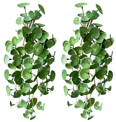 Hydrocotyle Vulgaris - Planta artificial china de dinero de 12 pulgadas, planta OVNI de granja, plantas suculentas colgantes falsas para decoración del hogar, mesa, estante de oficina (verde oscuro)