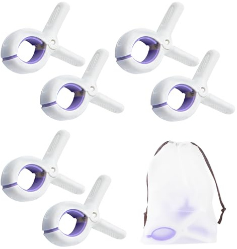 QOPAHI 6pcs Towel Clips for Sun Loungers Large Strong Grip Clothes Pegs Non-Slip Towel Pegs for Sun Lounger Washing Line Laundry Pool Chairs Sunbeds, with Drawstring Organizer（Purple）