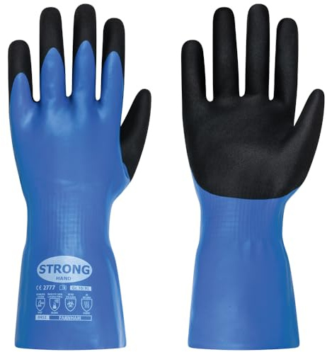 StrongHand schnittfeste Chemikalienschutzhandschuhe, doppelt beschichtet, Schnittfestigkeit Level F (!), 30 cm lang, Blau-Schwarz, Größe 8 bis 12 (1, 10/XL)