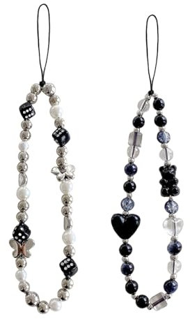 LunarCharm 2 Stück Schwarz Handyanhänger, süßes Perlen-Handy-Lanyard, Handschlaufe, ästhetischer Handy-Schlüsselanhänger, süße Handyanhänger für Frauen, Taschenanhänger