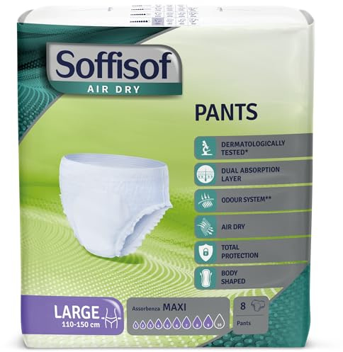 Soffisof Air Dry Pants Maxi L - 8x Pannoloni per Anziani a Mutandina - Pannoloni Notte Super Assorbenti Donna e Uomo - Pants Adulti 9 Gocce - Large (110-150 cm), Confezione Singola