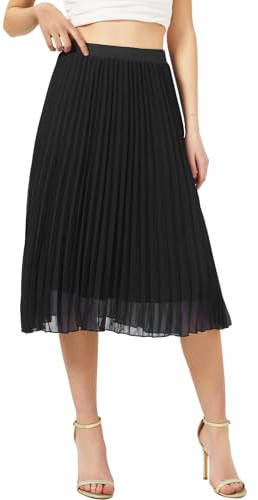 Soudittur Damen Sommer Chiffon Rock A-Linie Plissee-Rock Midilänge Faltenrock mit Elastischer Taille Leichter Flowy Midirock für Freizeit, Strand & Party(Schwarz, L)