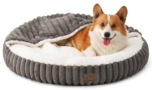 COZY KISS Hundebett mit Decke 66cm, Runde Höhle für Hunde & Katzen, Grau | Flauschige Katzensofa, Mittelgroße Hundebett, Rutschfester Unterseite, Kopfstütze aus Kunstfell, Waschbares, 18cm H, Grau