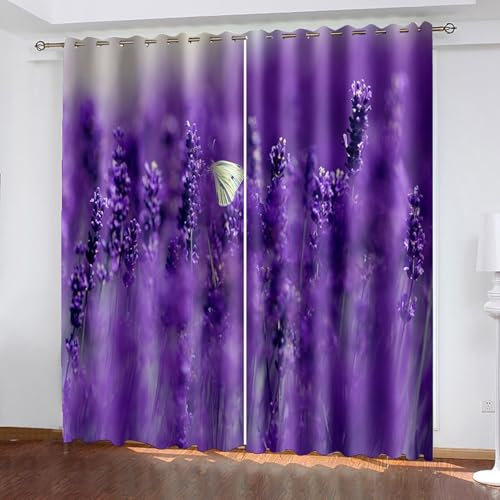 Lirzxin Gardinen Verdunkelung 138 cm Lang, Vorhänge Blickdicht mit Ösen 2er Set Lila Lavendel und Schmetterling Landschaft Vorhang für Wohnzimmer Schlafzimmer Kinderzimmer, 107x138 cm(BxH)