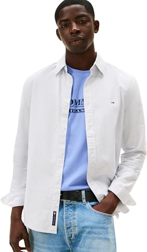 Tommy Jeans Camisa Hombre Slim Stripe Oxford Camisa Informal, Azul (Nordic Iris/Stripes), L