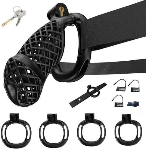 BDSMYOU Gabbia per Pene Chastity Cage Sissy,con Cintura di Castità e 4 Anelli per Testicoli,BDSM Bondage Pene Schiavo Sex Toys,Sexytoysys Uomo,Toys Sessuali per Uomini (XXL)