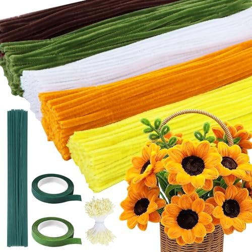 Niuny Pfeifenputzer zum Basteln Blumen 500Stk Pfeifenreiniger Blumen 5 Farben Pfeifenreiniger zum Basteln Pipe Cleaner Pfeifenputzer Gelb mit Blumendraht Staubgefäße Klebeband für DIY Blumenstrauß