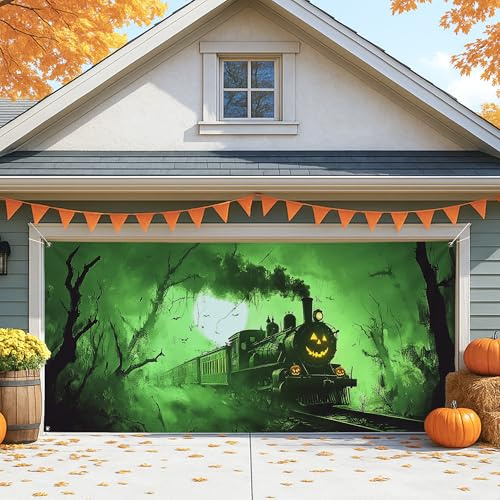 Spooky Train - Cubierta para puerta de cochera, decoración de puerta de garaje grande de tren de Halloween, decoración de fondo de fiesta de Halloween para interiores y exteriores, 157 x 71 pulgadas