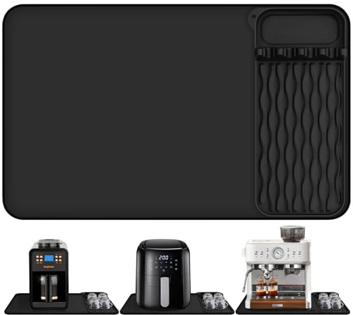 Mittimiya 2-in-1 GroßE Unterlage Kaffeemaschine, 65x40cm Kaffeevollautomat Unterlage mit Abnehmbarer Geschirr Abtropfmatte, HitzebestäNdiges Rutschfeste Silikonmatte für Küche(Schwarz)