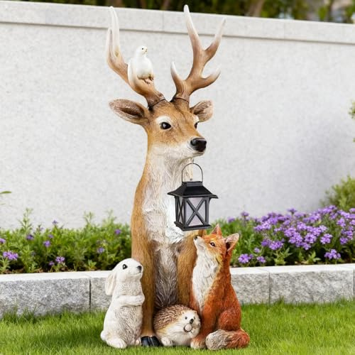 CHENBOOW Gartenfigur,Gartendeko für Draußen,Weihnachtsdeko Hirsch Mit LED Laterne,Gartendeko Figuren,Gartenfiguren für Draußen,LED Hirsch Tierskulptur,Gartenfiguren für Außen,für Haus,Hof und Garten