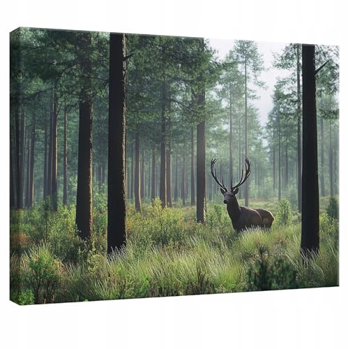 WallArena Leinwand Bilder Wald Landschaft - 120x80 cm - Hirsch TIere | Leinwandbilder, Bild auf leinwand, Wandbild XXL groß Wandbilder für Wohnzimmer Schlafzimmer Wohnzimmerbilder