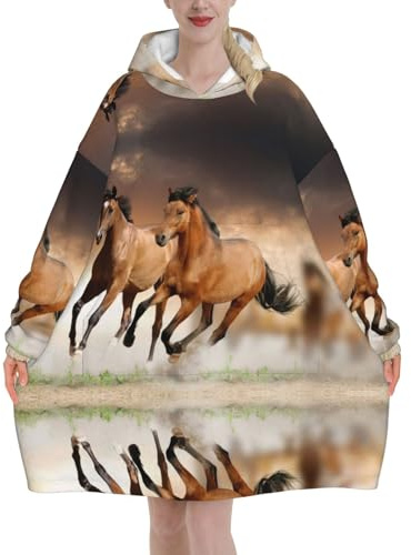 Running Horse Print,Women's Oversized Wearable Blanket Hoodie, Blanket Sweatshirt,Flannel Pullover Blanket