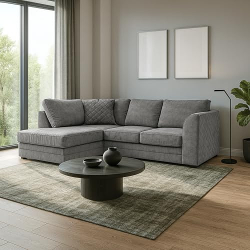 Furnishings For Less UK The Quilted Chenille Grey Fabric L shaped Corner Sofa 3-4 Seater Chaise Full Back (Grey, Left Hand Facing Corner)