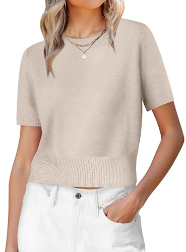 ANRABESS Womens Short Sleeve Sweaters Cropped Crew Neck Business Casual Lightweight Sweater Tops 2026 Spring Summer Outfits Almond Small