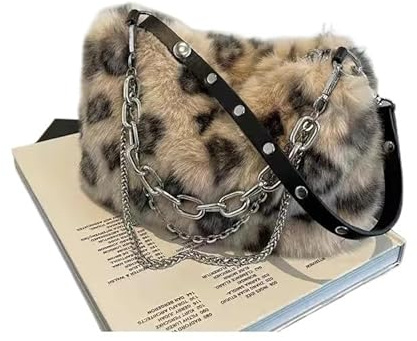 HUDFVIOI Fluffig väska rosa kärlek underarmsväskor mjuk plysch hjärtmönster damer axelväska kvinna kedja lurviga crossbody handväskor för kvinnor, Khaki, En storlek