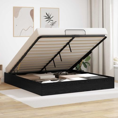 LoogCape Ottoman Bed Frame Black Oak Finish, 203x180x25 cm Chipboard Construction with Gas Lift Storage, Modern Platform Design for Bedroom